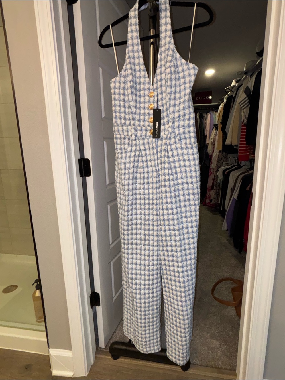Fashion Nova Blue & White Houndstooth Halter Jumpsuit